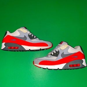 Nike air max 90, size 8.5, white, red, and grey mesh and suede.